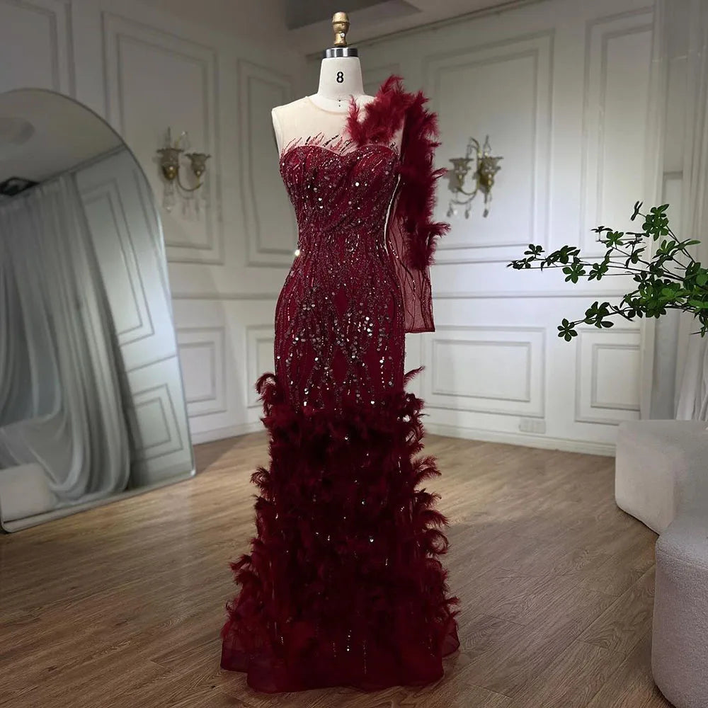 Serene Hill Arabic Wine Red Mermaid Luxury Evening Dresses Gowns Feathers Beading Elegant For Woman wedding Party 2025 LA71076 Wine Red / 2