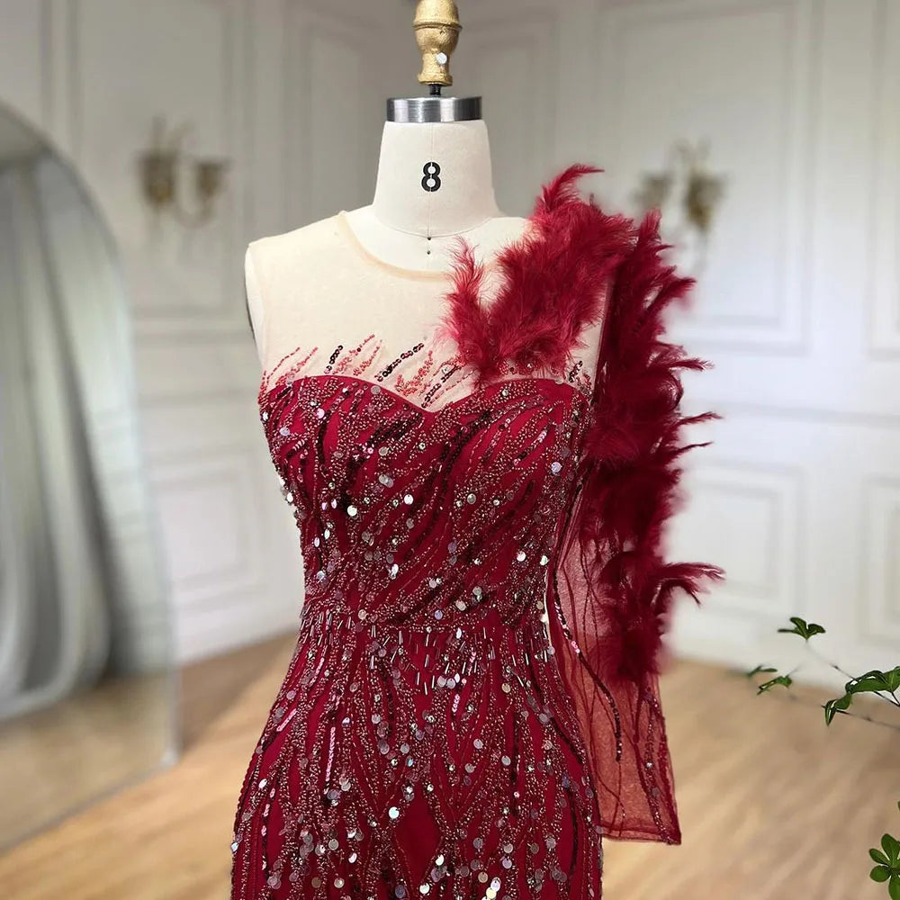 Serene Hill Arabic Wine Red Mermaid Luxury Evening Dresses Gowns Feathers Beading Elegant For Woman wedding Party 2025 LA71076 - SERENE HILL