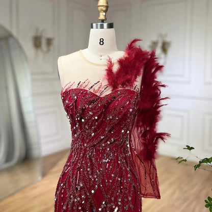 Serene Hill Arabic Wine Red Mermaid Luxury Evening Dresses Gowns Feathers Beading Elegant For Woman wedding Party 2025 LA71076 - SERENE HILL