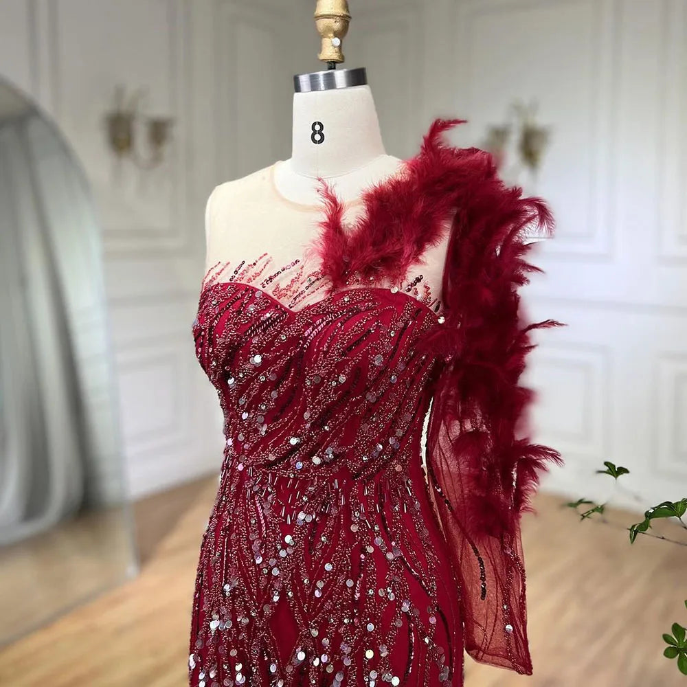 Serene Hill Arabic Wine Red Mermaid Luxury Evening Dresses Gowns Feathers Beading Elegant For Woman wedding Party 2025 LA71076 - SERENE HILL
