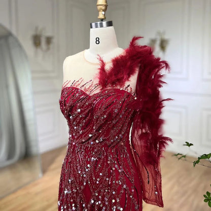 Serene Hill Arabic Wine Red Mermaid Luxury Evening Dresses Gowns Feathers Beading Elegant For Woman wedding Party 2025 LA71076 - SERENE HILL