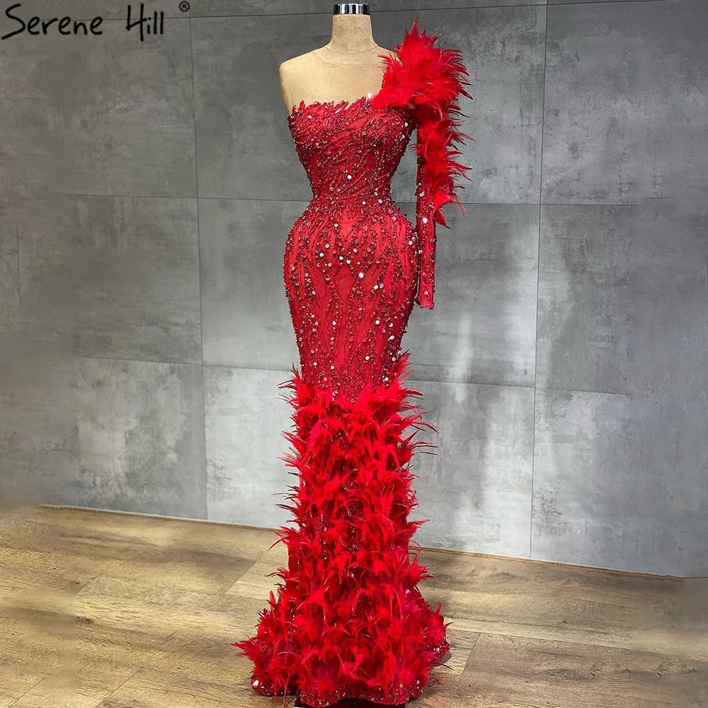 Serene Hill Arabic Wine Red Mermaid Luxury Evening Dresses Gowns Feathers Beading Elegant For Woman wedding Party 2025 LA71076 - SERENE HILL