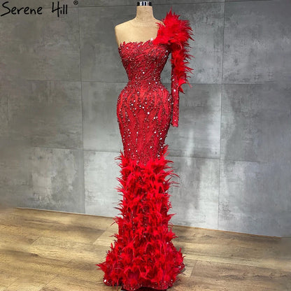 Serene Hill Arabic Wine Red Mermaid Luxury Evening Dresses Gowns Feathers Beading Elegant For Woman wedding Party 2025 LA71076 - SERENE HILL