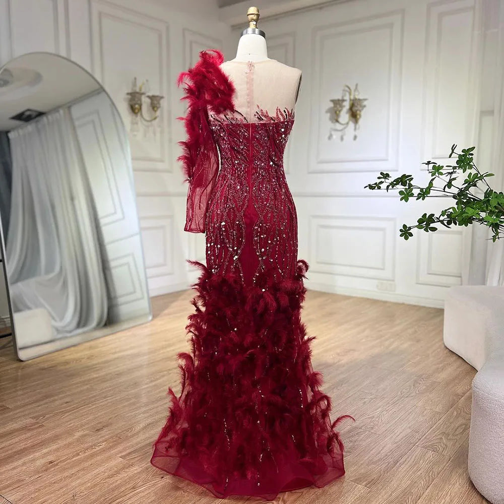 Serene Hill Arabic Wine Red Mermaid Luxury Evening Dresses Gowns Feathers Beading Elegant For Woman wedding Party 2025 LA71076 - SERENE HILL