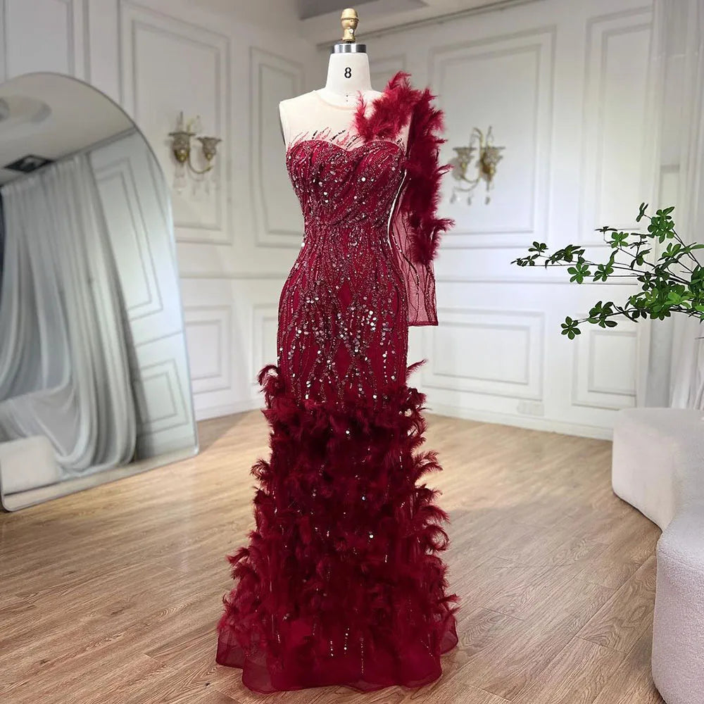 Serene Hill Arabic Wine Red Mermaid Luxury Evening Dresses Gowns Feathers Beading Elegant For Woman wedding Party 2025 LA71076 Wine Red / 2 Serene Hill Arabic Wine Red Mermaid Luxury Evening Dresses Gowns Feathers Beading Elegant For Woman wedding Party 2025 LA71076 Wine Red / 2
