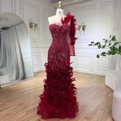 Serene Hill Arabic Wine Red Mermaid Luxury Evening Dresses Gowns Feathers Beading Elegant For Woman wedding Party 2025 LA71076 - SERENE HILL