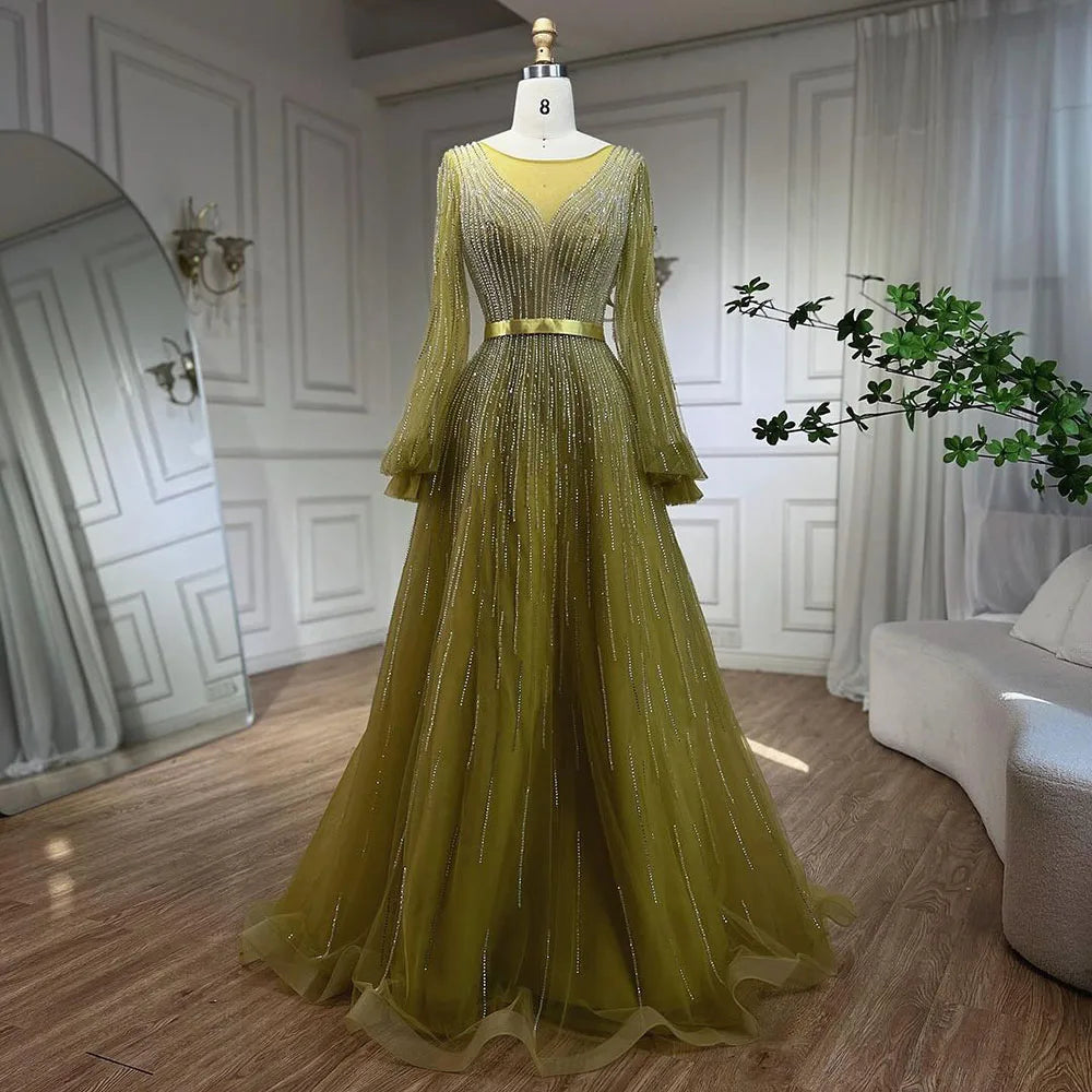 Serene Hill Arabic Yellow A Line Elegant Beaded Luxury Dubai Evening Dresses Gowns For Women Wedding Party 2025 LA72300 - SERENE HILL