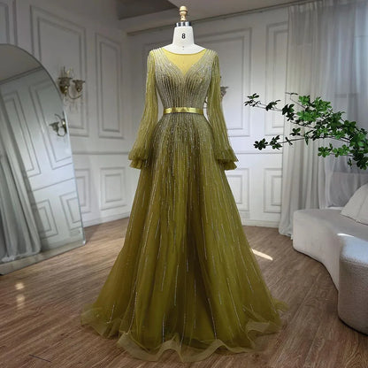 Serene Hill Arabic Yellow A Line Elegant Beaded Luxury Dubai Evening Dresses Gowns For Women Wedding Party 2025 LA72300 - SERENE HILL