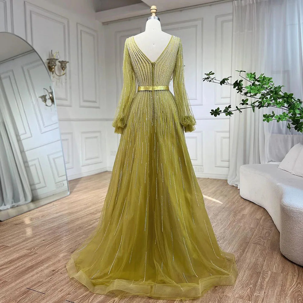 Serene Hill Arabic Yellow A Line Elegant Beaded Luxury Dubai Evening Dresses Gowns For Women Wedding Party 2025 LA72300 - SERENE HILL