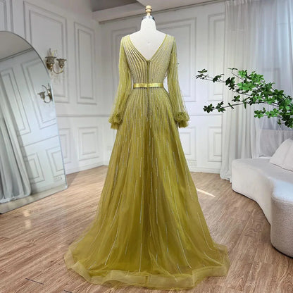 Serene Hill Arabic Yellow A Line Elegant Beaded Luxury Dubai Evening Dresses Gowns For Women Wedding Party 2025 LA72300 - SERENE HILL
