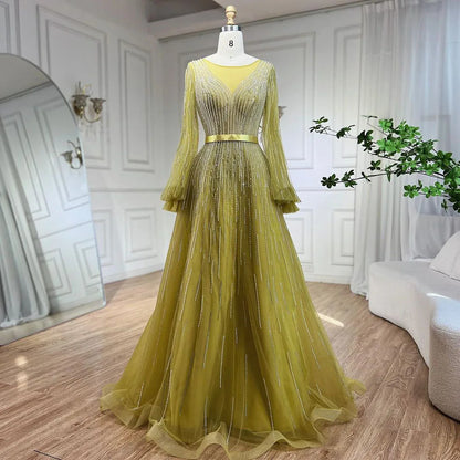 Serene Hill Arabic Yellow A Line Elegant Beaded Luxury Dubai Evening Dresses Gowns For Women Wedding Party 2025 LA72300 - SERENE HILL