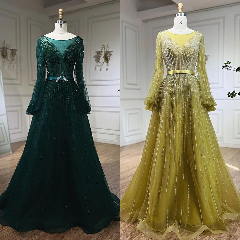 Serene Hill Arabic Yellow A Line Elegant Beaded Luxury Dubai Evening Dresses Gowns For Women Wedding Party 2025 LA72300 - SERENE HILL