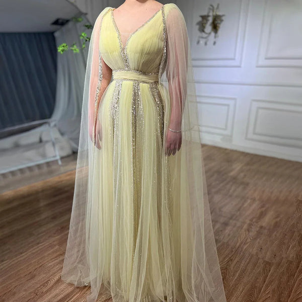 Yellow Evening Dress with Cape Sleeves Elegant Sage Green Wedding Party Gowns LA72279