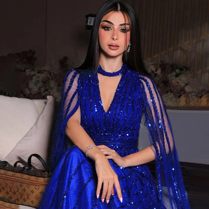 Serene Hill Arabic blue A Line Elegant Cape Sleeves Beaded Evening Dresses Luxury Gowns 2025 For Women Wedding Party LA72171 - SERENE HILL