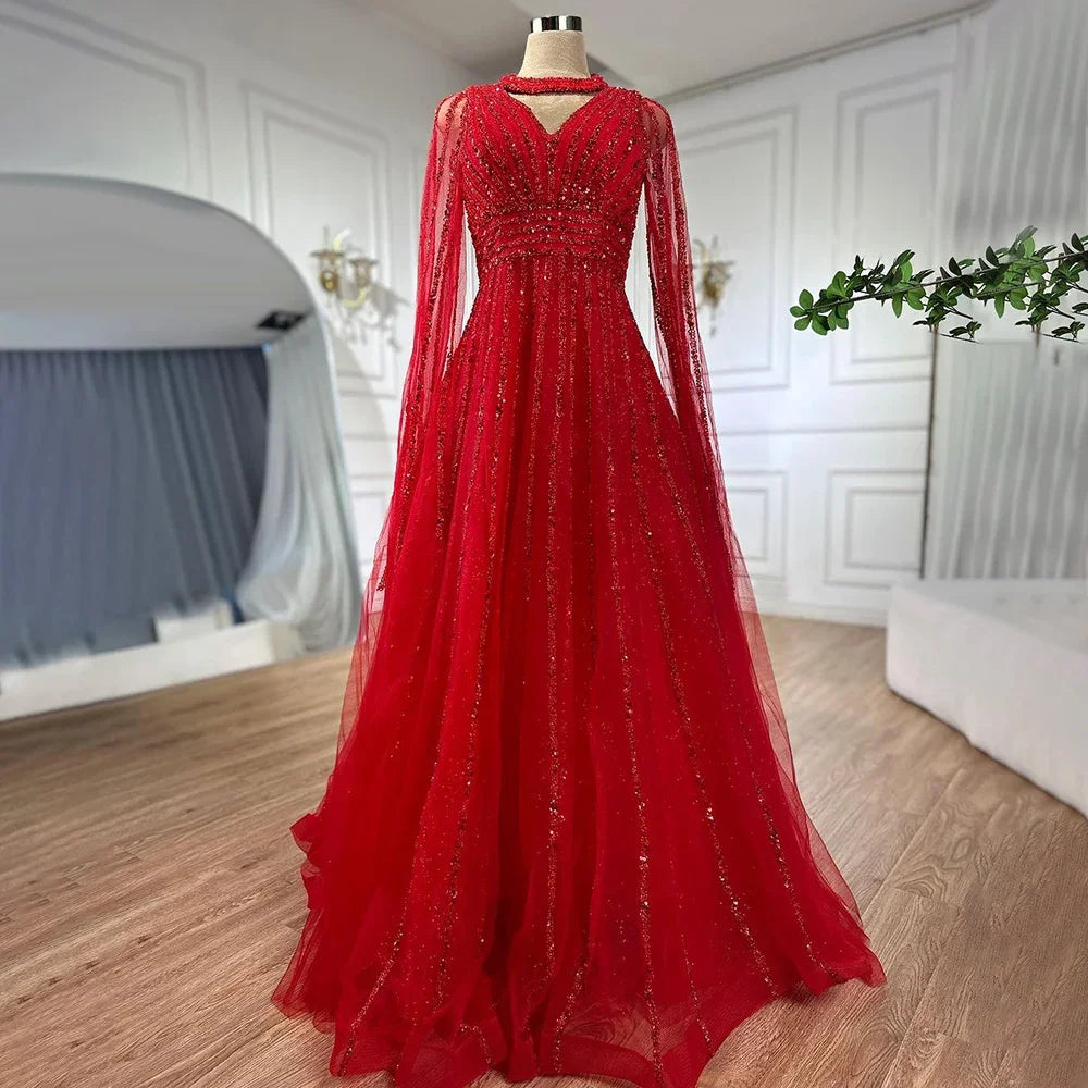 Serene Hill Arabic blue A Line Elegant Cape Sleeves Beaded Evening Dresses Luxury Gowns 2025 For Women Wedding Party LA72171 - SERENE HILL