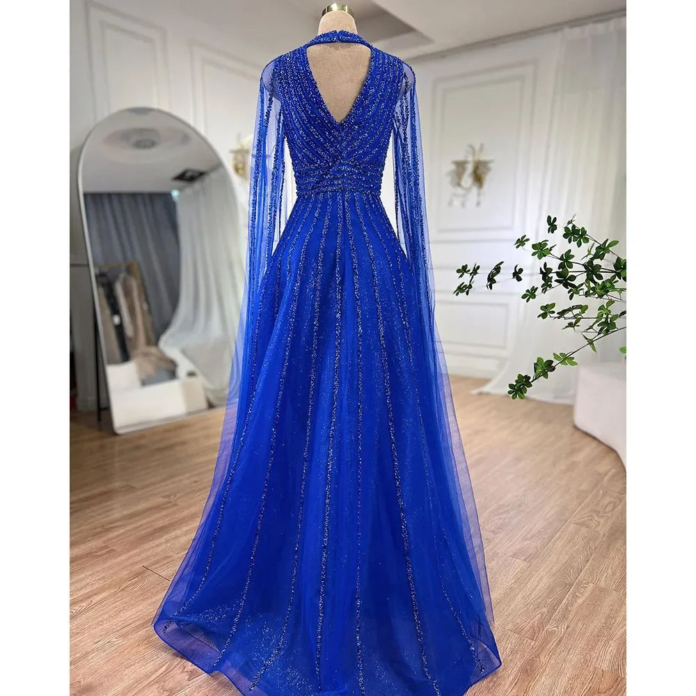 Serene Hill Arabic blue A Line Elegant Cape Sleeves Beaded Evening Dresses Luxury Gowns 2025 For Women Wedding Party LA72171 - SERENE HILL