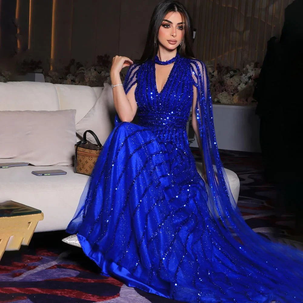 Serene Hill Arabic blue A Line Elegant Cape Sleeves Beaded Evening Dresses Luxury Gowns 2025 For Women Wedding Party LA72171 - SERENE HILL