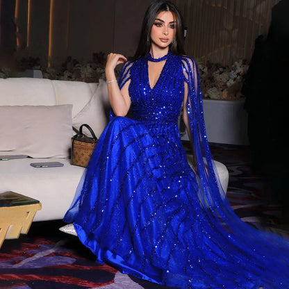 Serene Hill Arabic blue A Line Elegant Cape Sleeves Beaded Evening Dresses Luxury Gowns 2025 For Women Wedding Party LA72171 - SERENE HILL