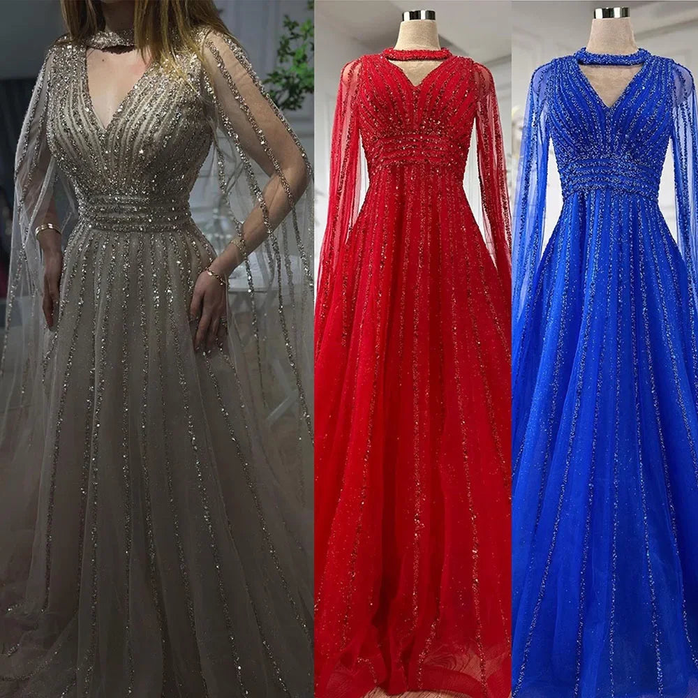 Serene Hill Arabic blue A Line Elegant Cape Sleeves Beaded Evening Dresses Luxury Gowns 2025 For Women Wedding Party LA72171 - SERENE HILL