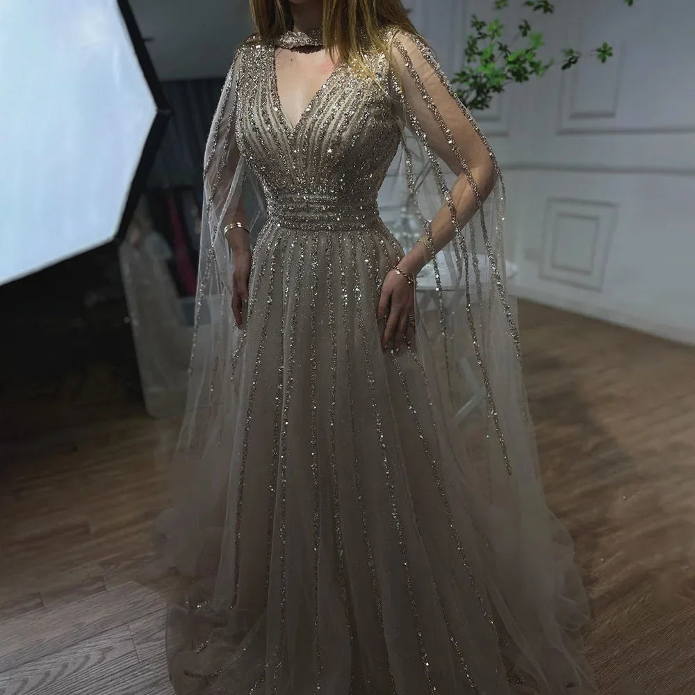 Serene Hill Arabic blue A Line Elegant Cape Sleeves Beaded Evening Dresses Luxury Gowns 2025 For Women Wedding Party LA72171 - SERENE HILL