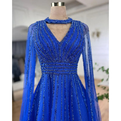 Serene Hill Arabic blue A Line Elegant Cape Sleeves Beaded Evening Dresses Luxury Gowns 2025 For Women Wedding Party LA72171 - SERENE HILL