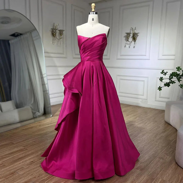 Serene Hill Arabic fuchsia A Line Elegant Satin Evening Dresses Gowns For Women Wedding Party 2025 LA72313