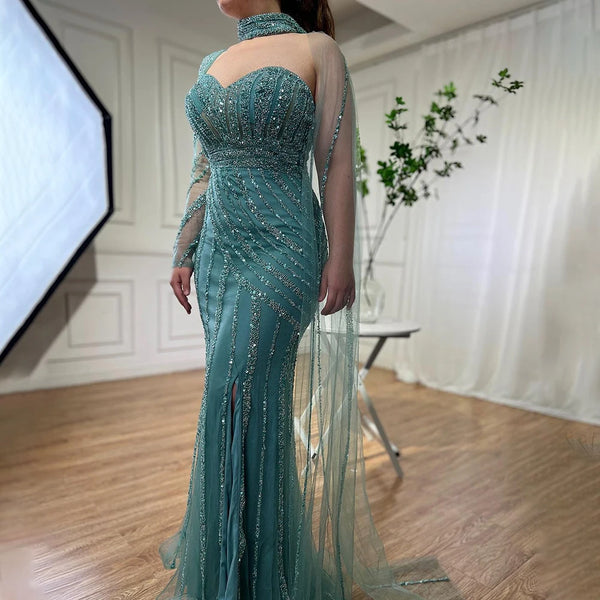 Serene Hill Arabic pink Mermaid Cape Sleeve High Split Beaded Evening Dresses Gowns 2025 For Women Wedding Party LA71938