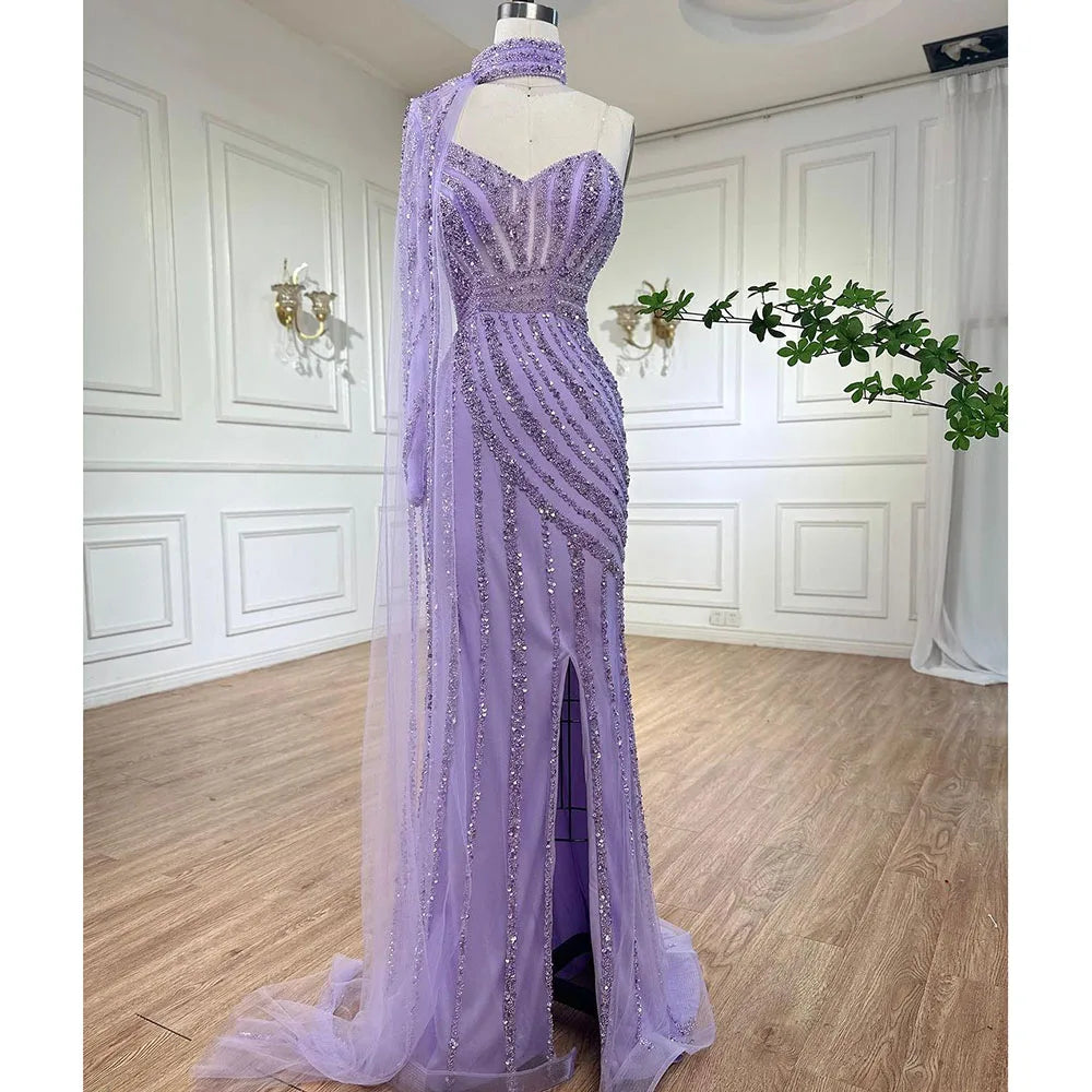 Serene Hill Arabic pink Mermaid Cape Sleeve High Split Beaded Evening Dresses Gowns 2025 For Women Wedding Party LA71938 - SERENE HILL