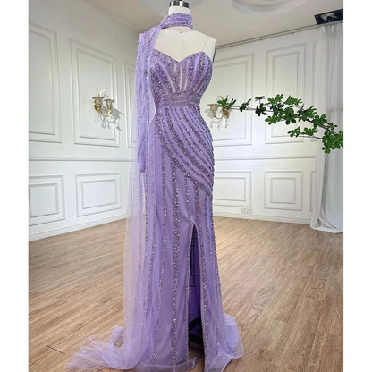 Serene Hill Arabic pink Mermaid Cape Sleeve High Split Beaded Evening Dresses Gowns 2025 For Women Wedding Party LA71938 - SERENE HILL