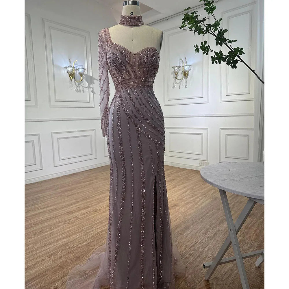 Serene Hill Arabic pink Mermaid Cape Sleeve High Split Beaded Evening Dresses Gowns 2025 For Women Wedding Party LA71938 - SERENE HILL