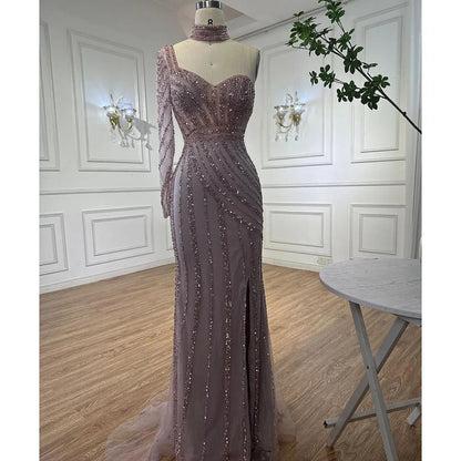 Serene Hill Arabic pink Mermaid Cape Sleeve High Split Beaded Evening Dresses Gowns 2025 For Women Wedding Party LA71938 - SERENE HILL