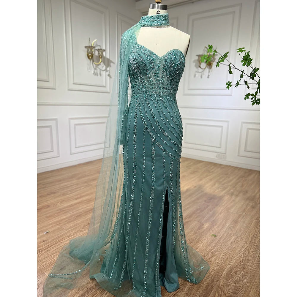 Serene Hill Arabic pink Mermaid Cape Sleeve High Split Beaded Evening Dresses Gowns 2025 For Women Wedding Party LA71938 - SERENE HILL