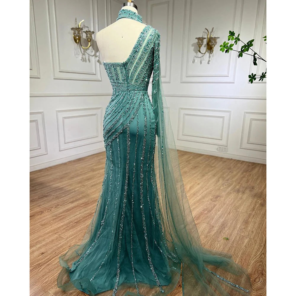 Serene Hill Arabic pink Mermaid Cape Sleeve High Split Beaded Evening Dresses Gowns 2025 For Women Wedding Party LA71938 - SERENE HILL