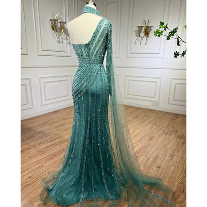 Serene Hill Arabic pink Mermaid Cape Sleeve High Split Beaded Evening Dresses Gowns 2025 For Women Wedding Party LA71938 - SERENE HILL