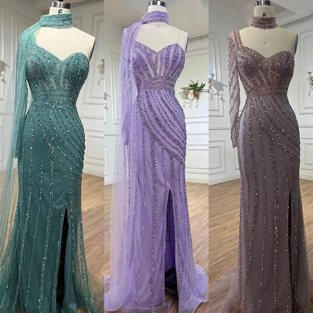Serene Hill Arabic pink Mermaid Cape Sleeve High Split Beaded Evening Dresses Gowns 2025 For Women Wedding Party LA71938 - SERENE HILL