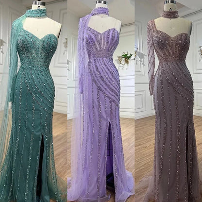 Serene Hill Arabic pink Mermaid Cape Sleeve High Split Beaded Evening Dresses Gowns 2025 For Women Wedding Party LA71938 - SERENE HILL