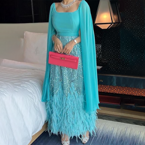 Serene Hill Beaded Feathers A Line Blue Cape Sleeves Evening Dresses Arabic Ankle Length Gown For Party LA72158