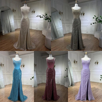 Luxury Dubai Beige Mermaid Floor Length Evening Gowns Luxury Beaded Crystal Spaghetti Strap Party Drsses For Women LA72163 - SERENE HILL