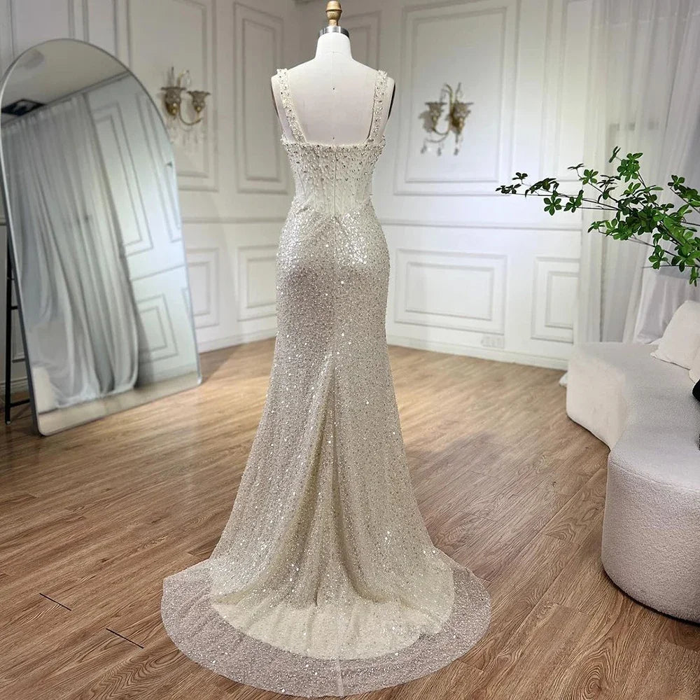 Luxury Dubai Beige Mermaid Floor Length Evening Gowns Luxury Beaded Crystal Spaghetti Strap Party Drsses For Women LA72163 - SERENE HILL
