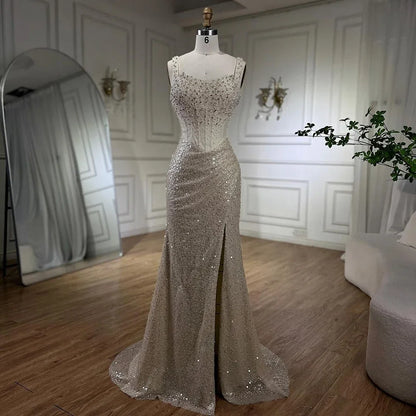 Luxury Dubai Beige Mermaid Floor Length Evening Gowns Luxury Beaded Crystal Spaghetti Strap Party Drsses For Women LA72163 - SERENE HILL