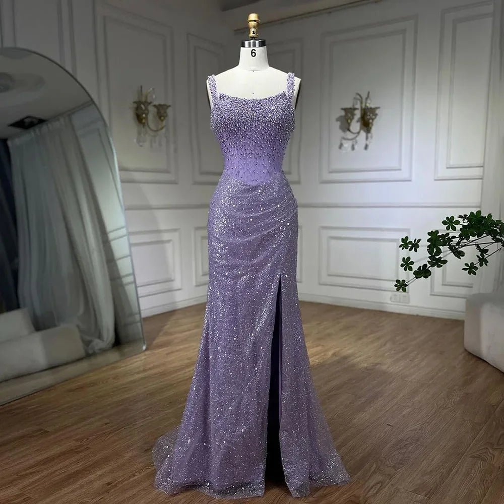 Luxury Dubai Beige Mermaid Floor Length Evening Gowns Luxury Beaded Crystal Spaghetti Strap Party Drsses For Women LA72163 - SERENE HILL