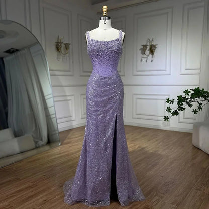 Luxury Dubai Beige Mermaid Floor Length Evening Gowns Luxury Beaded Crystal Spaghetti Strap Party Drsses For Women LA72163 - SERENE HILL