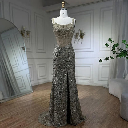 Luxury Dubai Beige Mermaid Floor Length Evening Gowns Luxury Beaded Crystal Spaghetti Strap Party Drsses For Women LA72163 - SERENE HILL