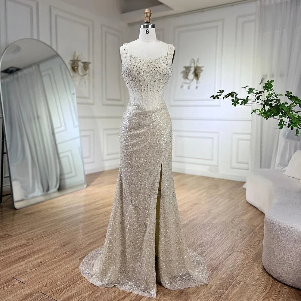 Luxury Dubai Beige Mermaid Floor Length Evening Gowns Luxury Beaded Crystal Spaghetti Strap Party Drsses For Women LA72163 - SERENE HILL