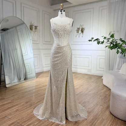 Luxury Dubai Beige Mermaid Floor Length Evening Gowns Luxury Beaded Crystal Spaghetti Strap Party Drsses For Women LA72163 - SERENE HILL