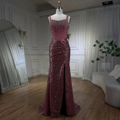 Luxury Dubai Beige Mermaid Floor Length Evening Gowns Luxury Beaded Crystal Spaghetti Strap Party Drsses For Women LA72163 - SERENE HILL