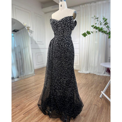 Serene Hill BlacK Mermaid Sexy High Split Crystal Beaded Luxury Evening Dresses Gowns 2025 For Women Wedding Party LA72150 - SERENE HILL