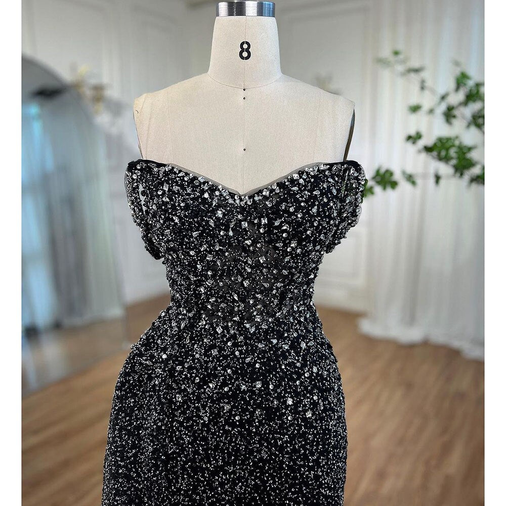 Serene Hill BlacK Mermaid Sexy High Split Crystal Beaded Luxury Evening Dresses Gowns 2025 For Women Wedding Party LA72150 - SERENE HILL