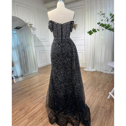 Serene Hill BlacK Mermaid Sexy High Split Crystal Beaded Luxury Evening Dresses Gowns 2025 For Women Wedding Party LA72150 - SERENE HILL