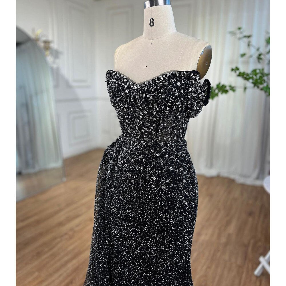 Serene Hill BlacK Mermaid Sexy High Split Crystal Beaded Luxury Evening Dresses Gowns 2025 For Women Wedding Party LA72150 - SERENE HILL